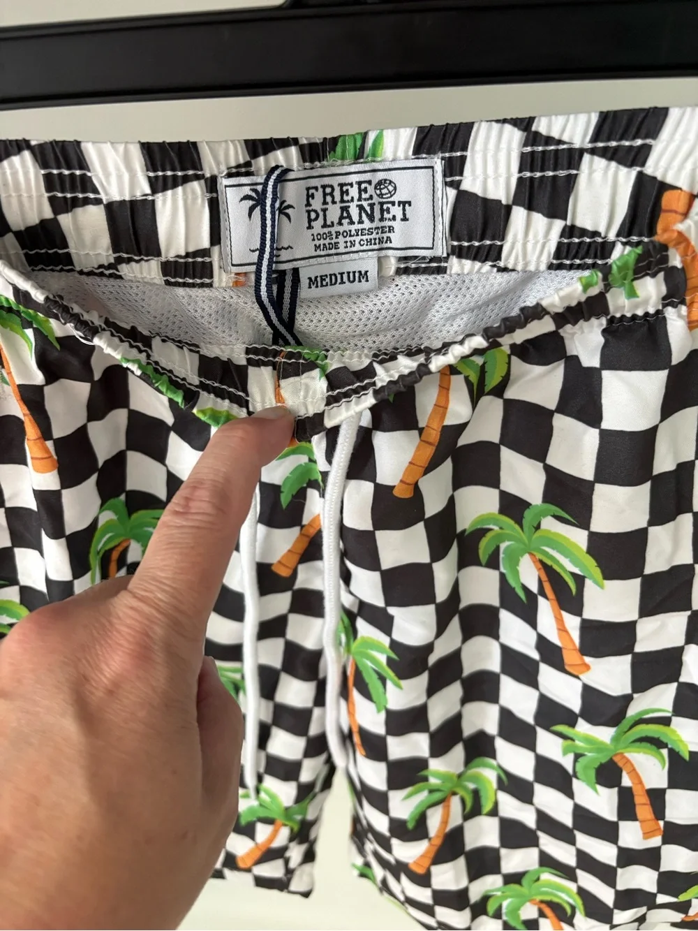 Free Planet Black & White Check Swim Shorts with Green Palm Print